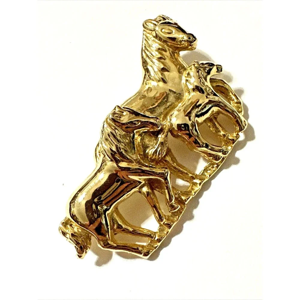Vintage Horse Family Brooch Glossy Gold Tone Equestrian Statement Pin 2 1/2